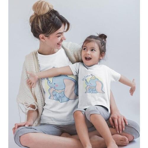 Tshirt Fashion Family Matching Outfits Elephant Dumbo Print Aesthetic Cute Childrens Clothes Twins Sisters Brothers Tops Tshirt