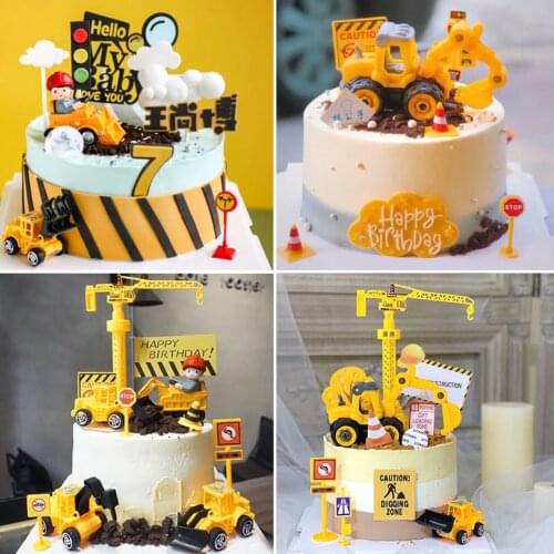 Engineering Construction Vehicle Excavator Cake Decor Digging Machine Traffic Sign Cake Topper for Boys Birthday Party Toy Gift