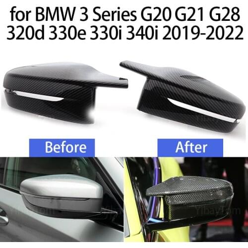 2pcs Modified LHD Carbon Fiber Pattern Mirror Cover Caps for BMW 3 Series G20 G21 G28 320d 330e 330i 340i 2019-2022 M4 Style RHD