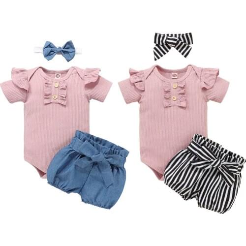 2021-03-25 Lioraitiin 0-24M Infant Baby Girls Three-piece Clothes Set Solid Short Sleeve Romper Shorts Headdress Blue/ Black