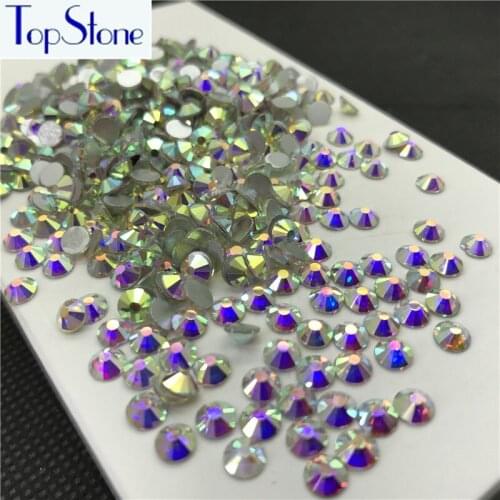 Topstone Crystal Clear AB Color ss3-ss34 Round Glass Crystal Flatbacks Nail Art 3D Stones Glue On Non Hotfix Rhinestones