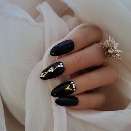 24pcs Fashion full diamond crystal diamond stiletto high candy color handmade fake nails black-1