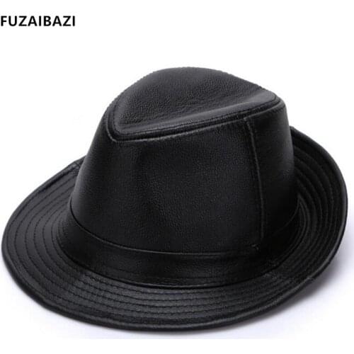 FUZAIBAZI Fashion Autumn Winter Genuine Leather Mens Hats Trend Cowhide Fedoras Elegant Gentleman Leisure Party Jazz Hat