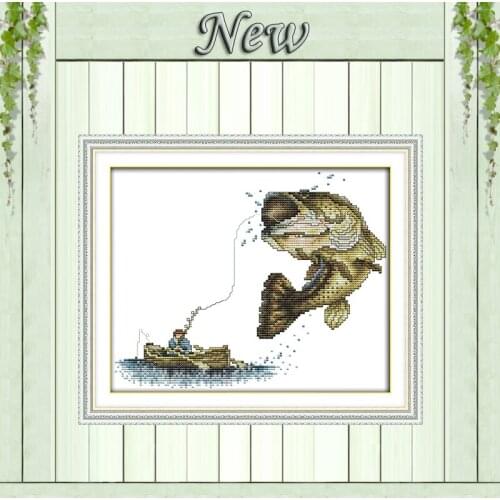 Fishing animal cartoon diy painting counted printed on canvas DMC 11CT 14CT kits Chinese Cross Stitch embroidery needlework Sets