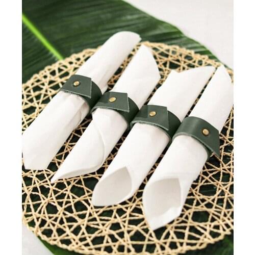 Leather Napkin Ring Set green coloured 4 piece handmade tableware accessories for interior or exterior use