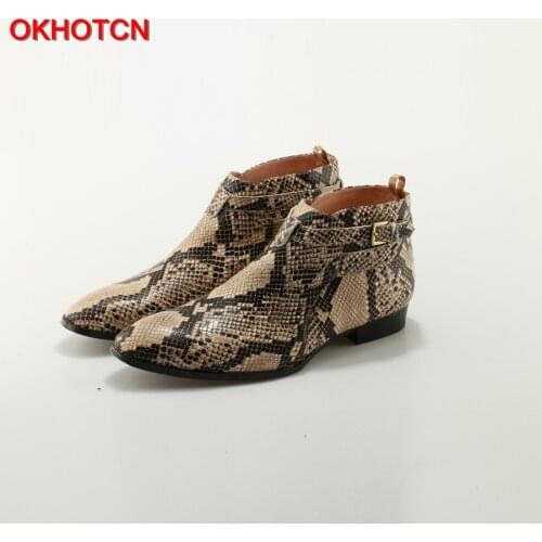 OKHOTCN New Embossed Python Leather Buckle Strap Men Ankle Boots Snakeskin Flat Heels Runways Cowboy Riding Boots Chelsea Boots