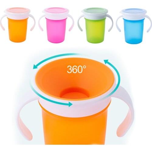 360 Degrees Rotated Baby Learning Drinking Cup with Double Handle Flip Lid Leakproof Infants Water Cups Bottle BPA Free with Lid