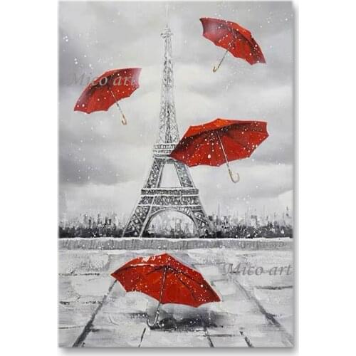 Modern Art Painting Abstract Canvas Wall Decor Picture Hand-painted Paris Tower Oil Painting Canvas Art Red Umbrella Picture