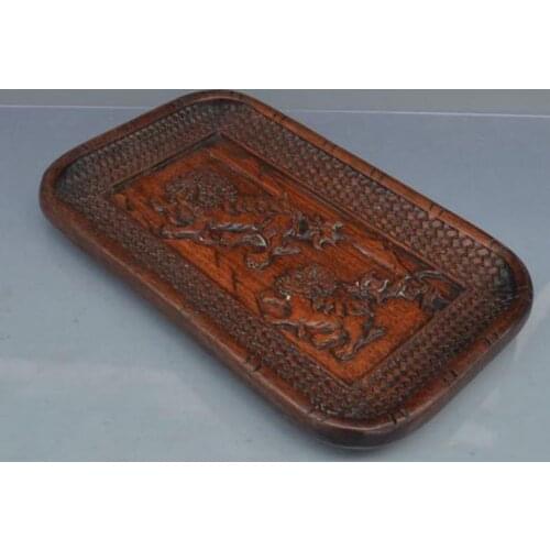 Antique QingDynasty solid wood tray tea,carving Double lion ,Hand-painted crafts,Collection&Adornment