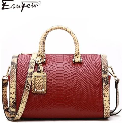 2018 ESUFEIR Genuine Leather Boston Bag Handbag For Women Serpentine Embossed Shoulder Bag Casual Tote Large Capacity Pillow Bag