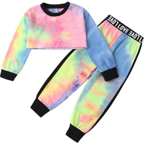 FOCUSNORM Autumn Baby Girls Clothes Sets Tie Dye Printed Long Sleeve Pullover Sweatshirt Tops Pants Sports Sets