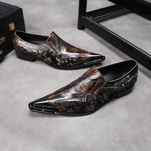 Italian Style Luxury Printed Men Shoes Genuine Leather Metal Pointed Toe Men Dress Shoes Business Style Men Brand Oxfords Shoes
