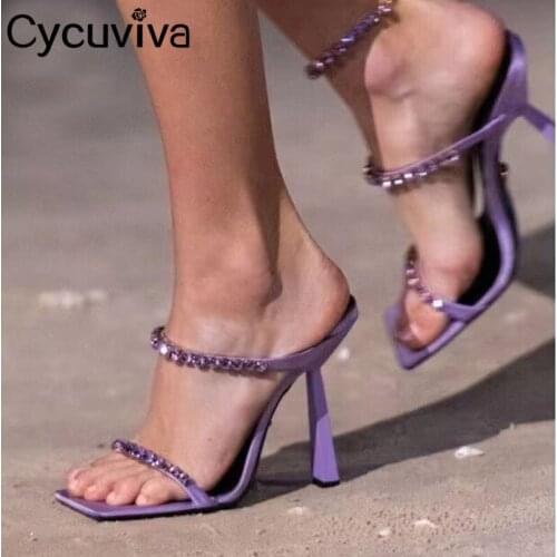 Purple Red Rhinestone Heeled Mules Sexy beading Strap Crystal High Heel Party Shoes Peep Toe Summer Dress Shoes Woman Slippers