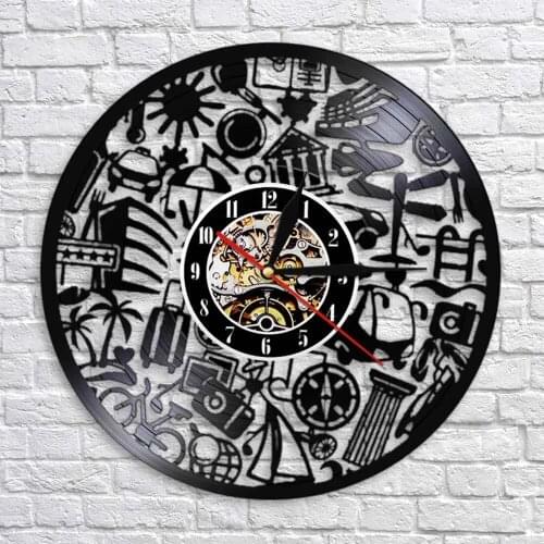 Tourism Travel Vinyl Record Wall Clock Travel Theme Vintage Black Hanging Wall Clock Personalized Vinyl Record Light Reloj Pared