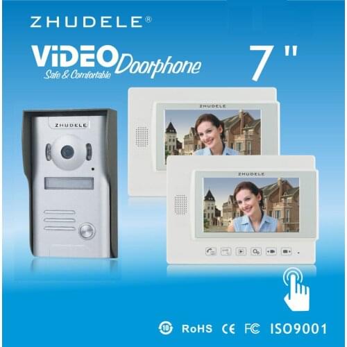 ZHUDELE Top Quality 7" video door phone,explosion/waterproof case 700TVL HD IR camera,with Recording function 1 camera+2monitors