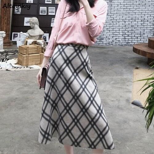 Plaid Skirts Women Mid-calf Length Elegant Korean Style Trendy All-match Female Bottom Midi Popular Spring Autumn Falda Mujer
