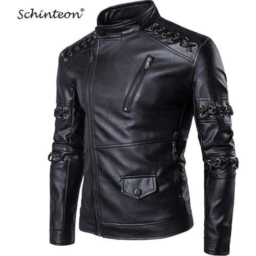 M-5XL Black Men PU Leather Jacket Stand Collar Knitting Drawstring Motorcycle Clothing Coat Outwear