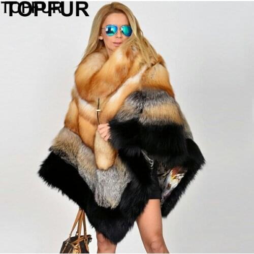 TOPFUR Real Fur Coat Women Natural Fox Fur Cape Women Cape Shawl Real Red Fox Fur Cape Shawl Bat Sleeved Fox Fur Cape Streetwear