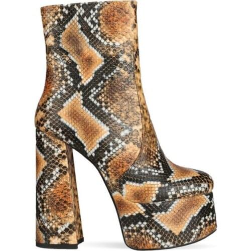 Womens Pointed Toe Snake Python Pattern Platform Ankle Boots Side Zipper Block Super High Heel 14CM Shoes Real Leather Size