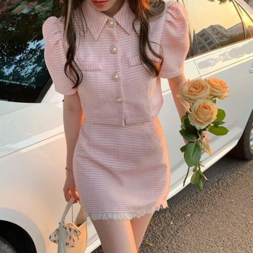 Korean Style Sweet Pink Tweed Two Piece Set Women Sweet Puff Sleeve Crop Top + Tassel Mini Skirt Set Female Fashion Outfits 2021