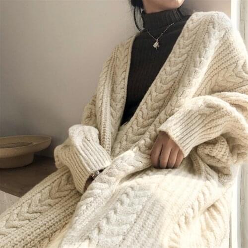 Twist Knitted Oversized Cardigan Woman Fall 2021 Gray Long-sleeve Thick Warm Knit Cardigan Long Woman Korean Winter Sweater