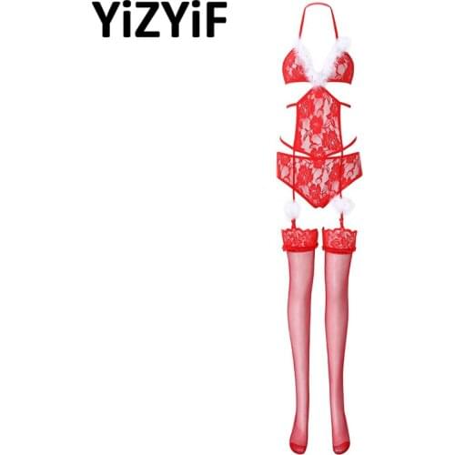 Womens Erotic Floral Lace Lingerie Set Sexy Feather Trimmed Halter Neck Bikini Leotard Bodysuit With Stockings Christmas Costume
