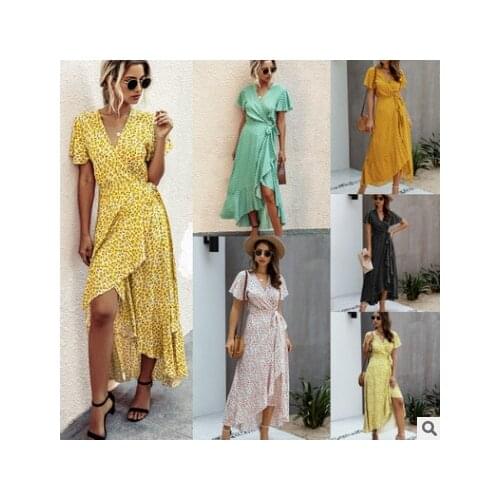Ladies Summer Maxi Dress Polka Dot Sexy V Neck Ruffles Short Sleeve Holiday Long Beach Sundress Women Lace Up Wrap Party Dresses