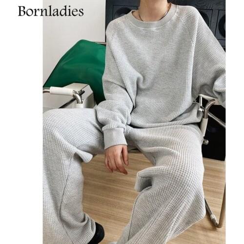 Bornladies 2021 Autumn Women Waffle Cotton Sweatshirt Suit Oversized Sets Female Loose Sweatshirt + Long Pants Suits Short Sets