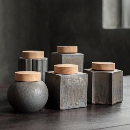 Tea Caddies Creative Tea Storage Jar Ceramic Geometric Seal Caddy with Wood Cover Container Tea Ceremony Teaware Accessories