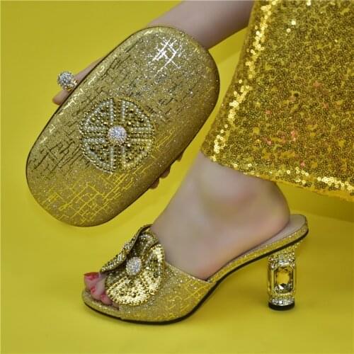 Doershow New Arrival African Wedding Shoes and Bag Set gold Italian Shoes with Matching Bags Nigerian Women party! HYY1-5