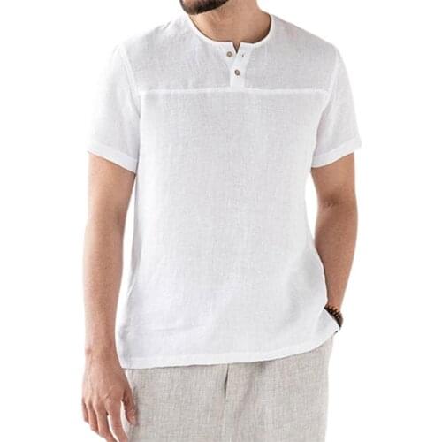 Summer 2021 Mens Shirt Stand Collar Solid Color Short Sleeve Top Round Neck Buttons Casual Shirt T-shirt Males Beach Shirt