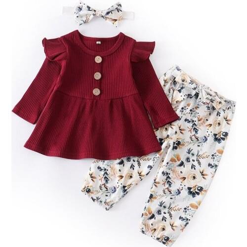 Newborn Baby Girl Outfits Fashion Set Maroon T-shirt Printed trousers Headband Toddler Infant Clothes Suit 2021 Baby Clothing