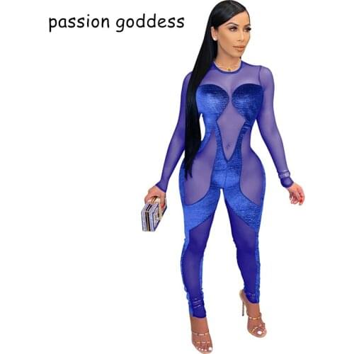 Plus Size New Sexy Skinny Mesh See Through Rompers Women Jumpsuit One Piece Long Sleeve Club Party Bodycon Overalls Black Ladies