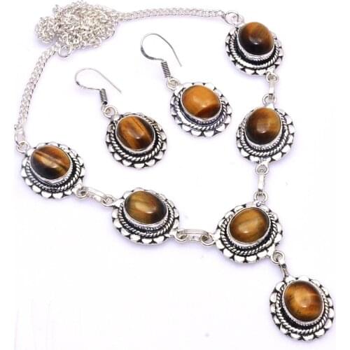 Genuine Tiger Eye Necklace Earing Silver Overlay over Copper , 46 cm, N4518