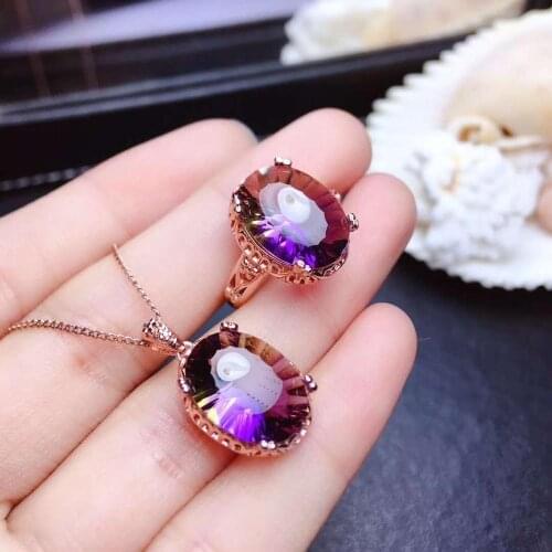 Real Natural Amethyst jewelry set Natural Real Amethyst 925 sterling silver 1pc pendant,1pc ring