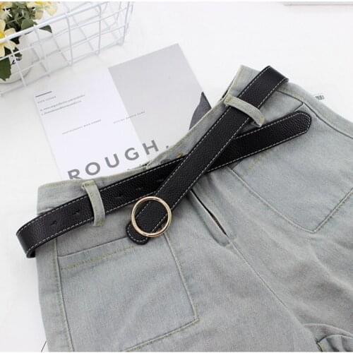Single Round Gold Buckle Press White Lines Fashion Women Belts White Black Coffee PU Leather Strap All-Match Jeans Pants Belt