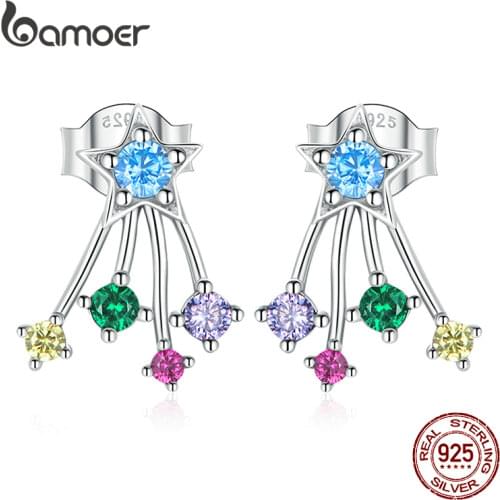 BAMOER Colored Meteor 925 Sterling Silver New Fashion Dangle Drop Stud Earrings Gems for Girls & Women Fine Jewelry Gift