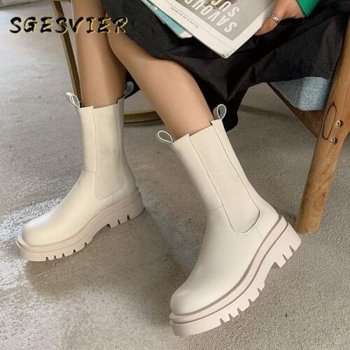Sgesvier Nature Full Genuine Leather Chelsea Boots Womne Thick High Heels Square Toe Spring Autumn Ankle Boots For Women Botas