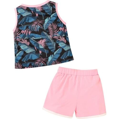 Baby Girls Leaf Print Sleeveless O-neck Tops+Solid Color Side Split Short Pants