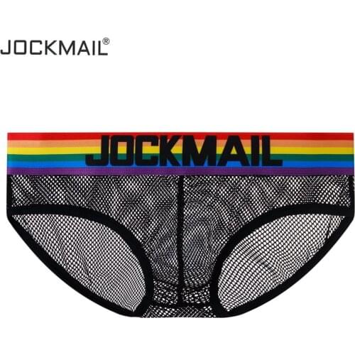 JOCKMAIL Men Briefs Underwear Sexy Breathable Rainbow Stripes Underpants Mesh Underwear Shorts Cueca Gay Male Panties Hot