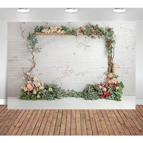 Spring Backdrop Photography Background Brick Wall Flower Rattan Frame Decorations Kids Portrait Party Background Floral Banner