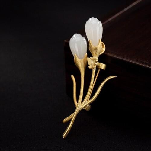 Women Suit Brooch Gold Plated 925 Sterling Silver Brooches Magnolia Flower Pins Luxury Fine Jewelry Pins Gift Pendant Banquet