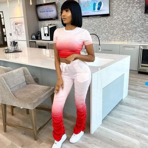 Gradient Two Piece Set for Women Tracksuit Summer Crop Top Stacked Pants Suit Sexy Club Outfits Matching Sets Ensemble Femme