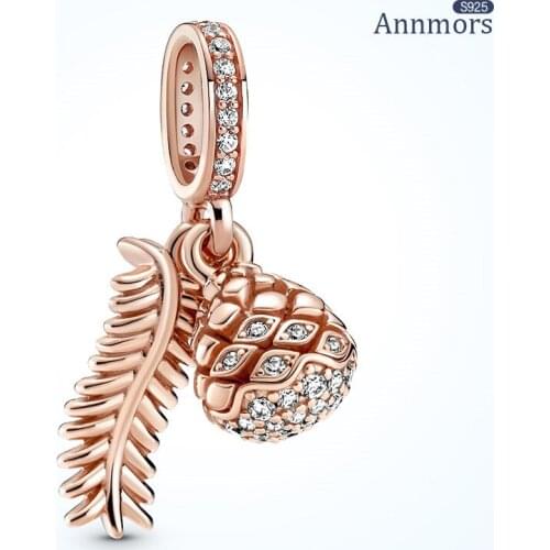 Golden Yellow Metal Pineapple Fruit Crystal Stone Fit Pandora Original Bracelet Necklace Pendant Leaf 925 Sterling Silver Charm