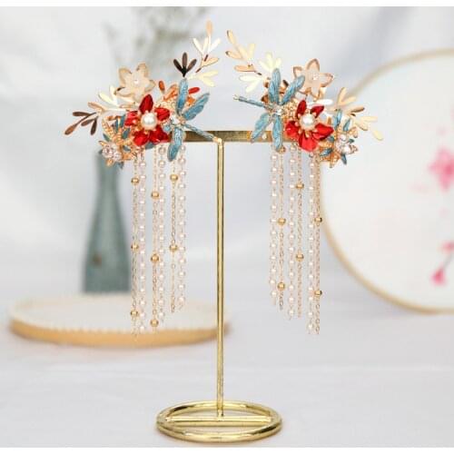 1 Pair Flower Leaves Crystal Simulated Pearls Long Tassel Hair Pins Clips Hairgrips Bride Noiva Wedding Party Jewelry Headpieces