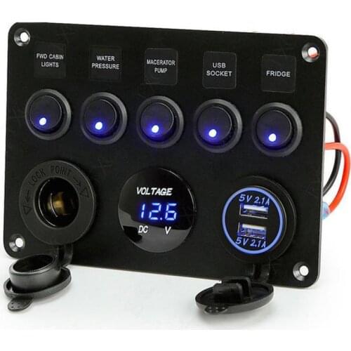 12V 24V Boat Switch Panel Dual USB Charger Socket With LED Digital Voltmeter Inline Fuse Box Cigarette Lighter Car Boat Switch