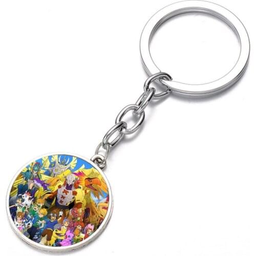 Anime Digimon Adventure Keychain Bronze Silver black Glass Dome Key Chain Bag Charm Pendant Keyring Holder Kids boy girl