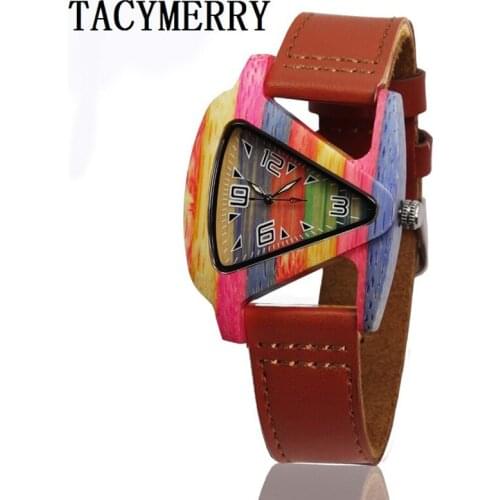 Newest Color of bamboo Wood Watch For Women Fashion Tiangle Wooden Wristwatch For Gifts Quartz Clock In a Box
