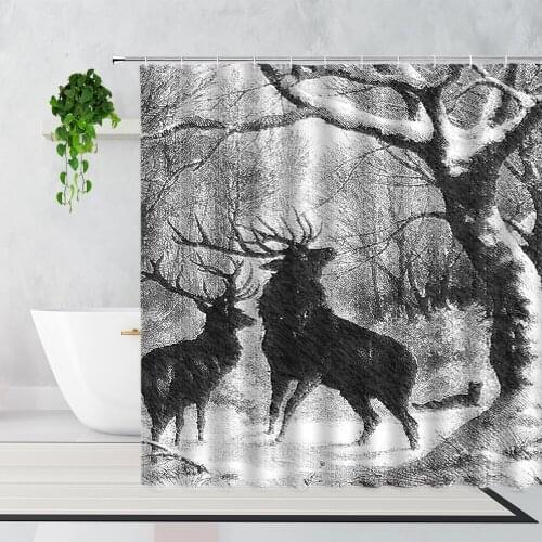 3D Black And White Elk Shower Curtains Winter Forest Deer Wild Animal Art Home Decor Background Bathroom Bath Curtain With Hooks