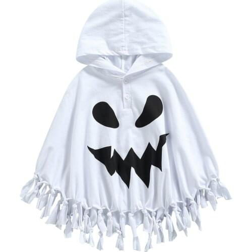 Children Halloween Cloak with Tassels White Pumpkin Face Printed Pattern Hooded Cape Kids Autumn Coat Outerwear